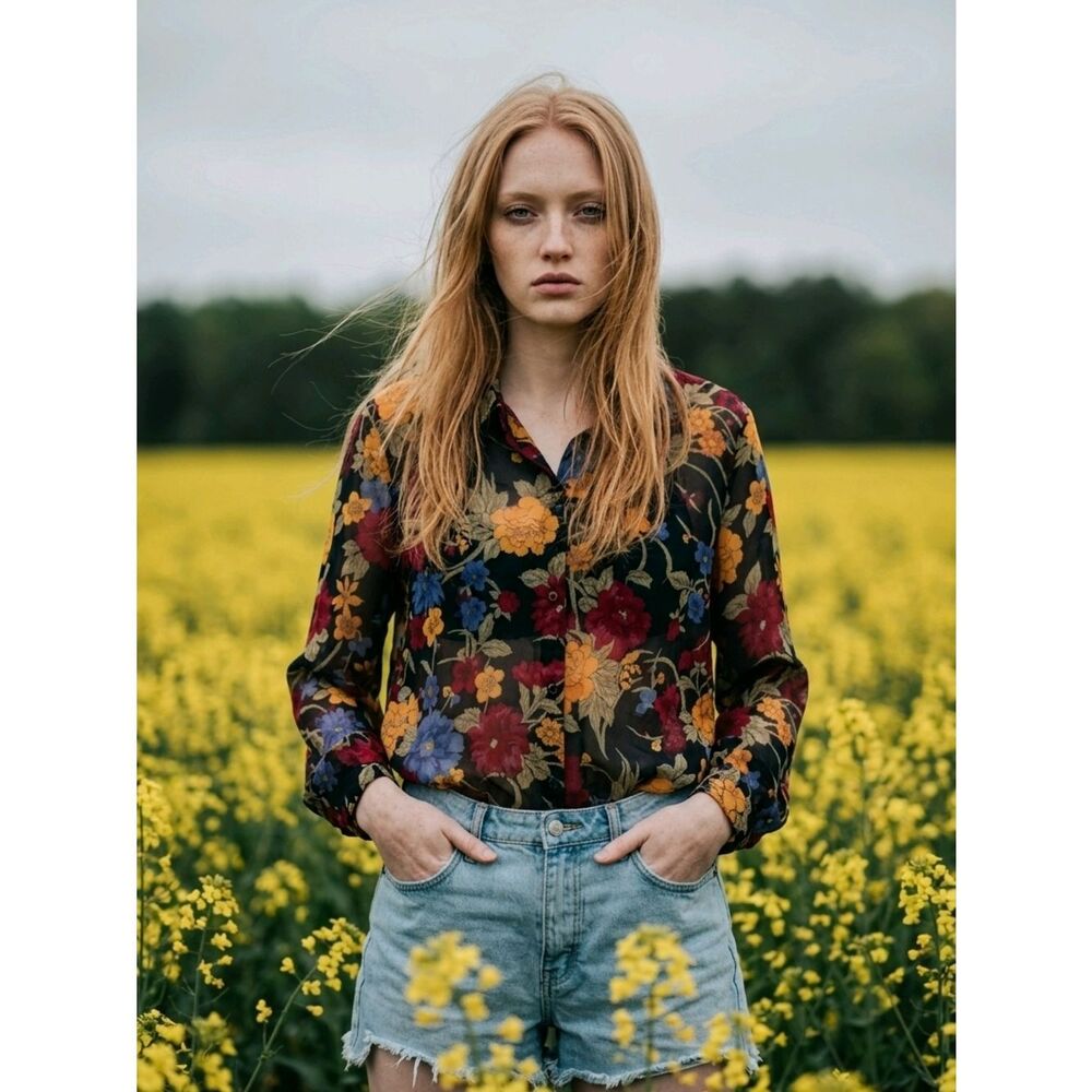 JM Collection Black Sheer Floral Button-Down Blouse